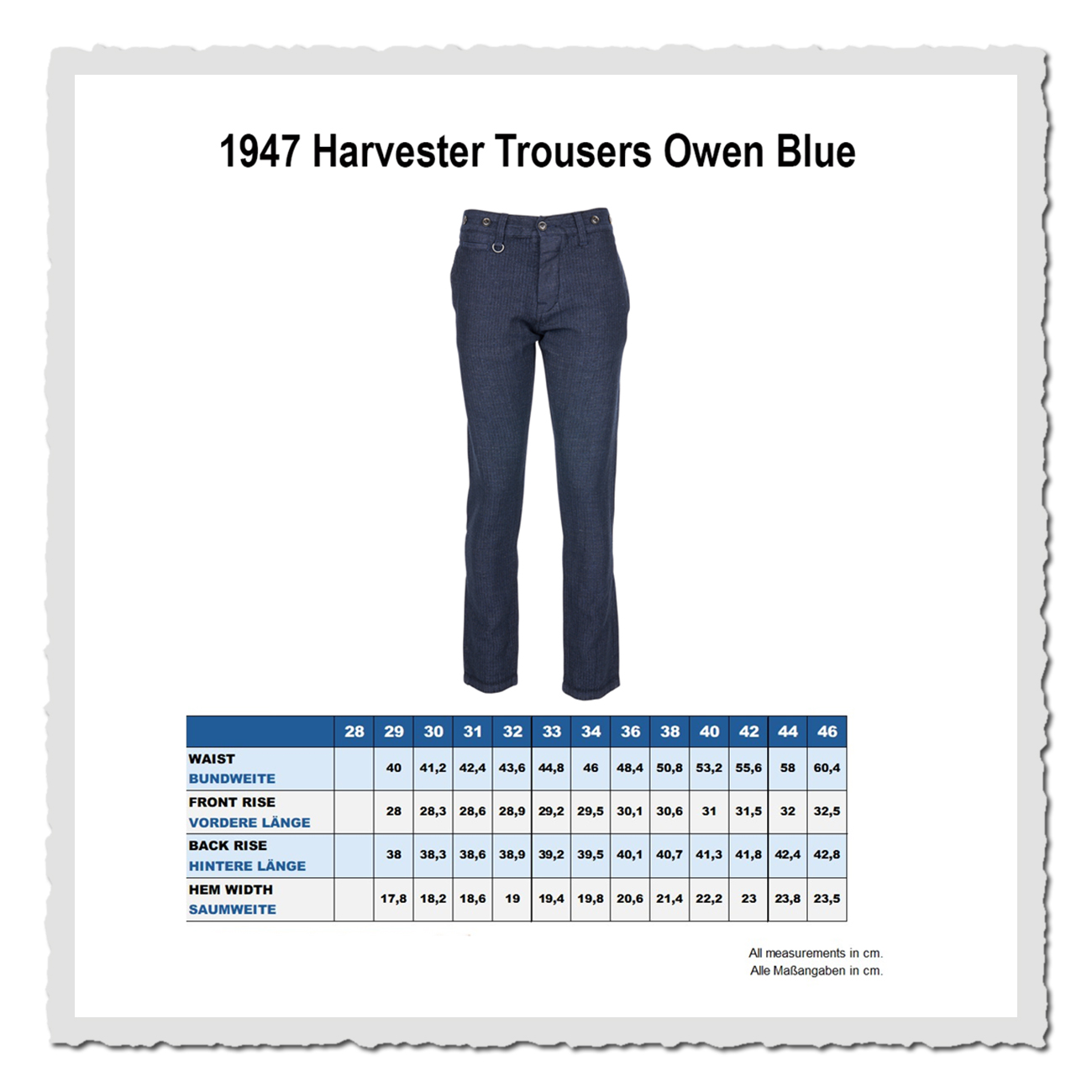 Masstabelle 1947 Harvester Trousers Owen Blue Vorderansicht freigestellt